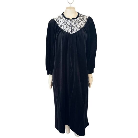 VTG ANNE LESLIE Floral Lace Bib Black Velvet Half Zip Full Length Robe SZ XL - Picture 11 of 11